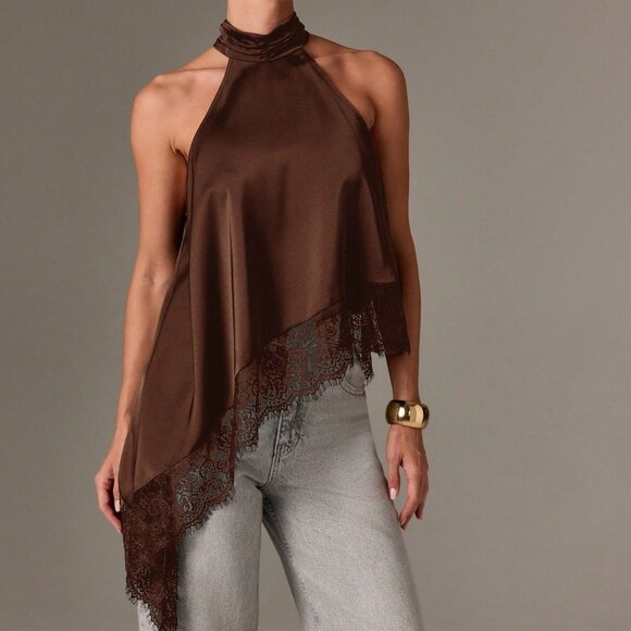 Brown elegant Women's Sleeveless High Neck Lace Trim Asymmetric Satin Top - Picture 1 of 5